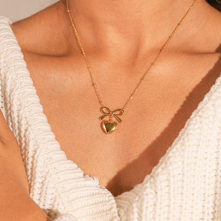 Golden Heart Bow Chain Necklace