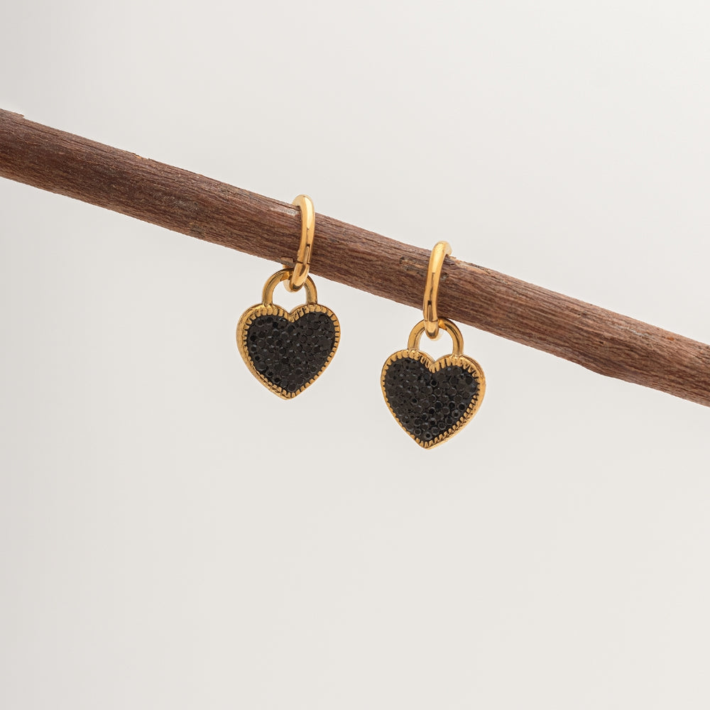 Gilded Chic Black Heart Stones Earrings