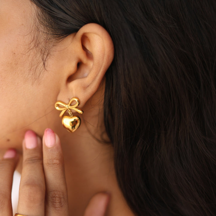 Golden Heart Bow Earrings